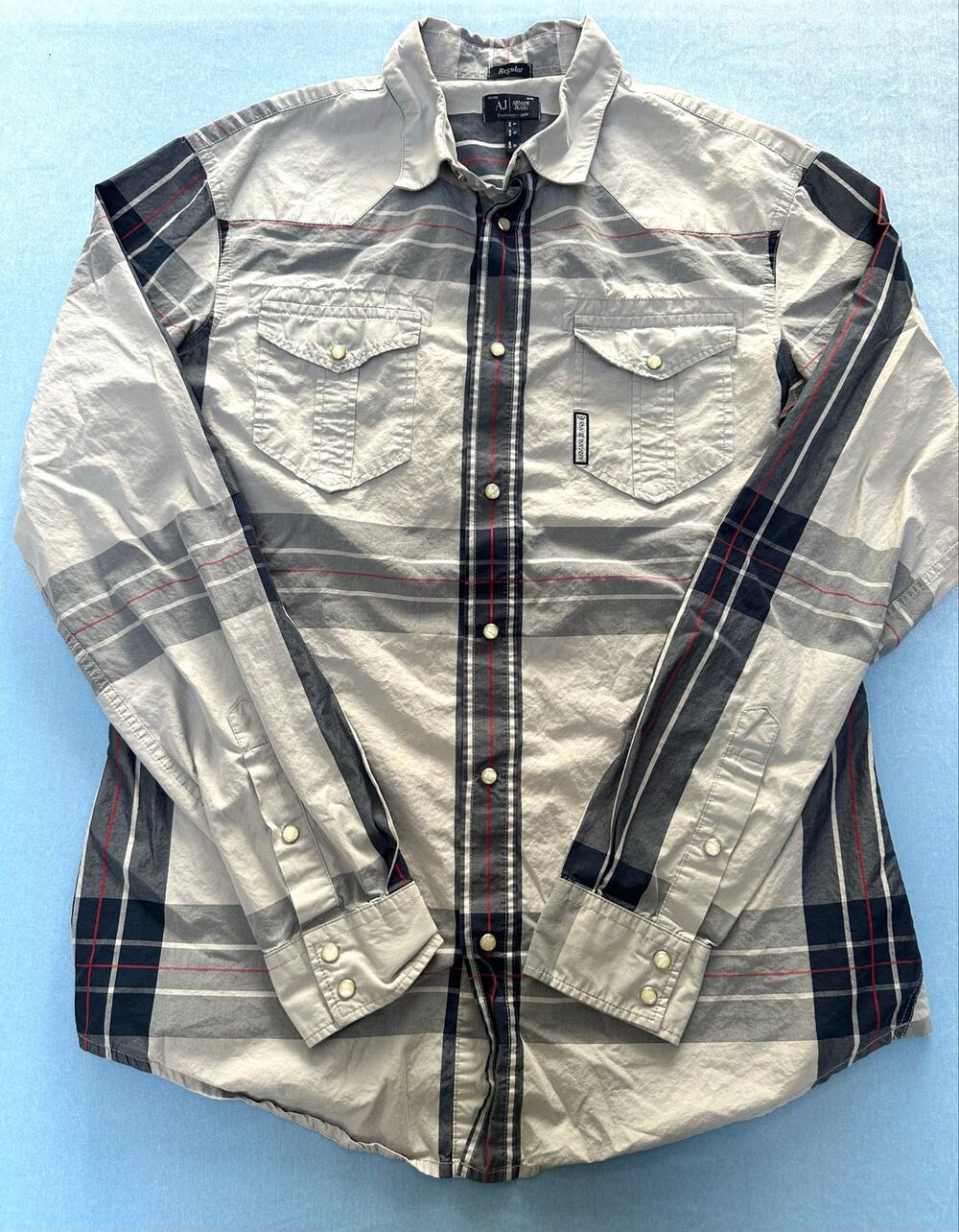 Armani Jeans AJ Mens Plaid Western Snap Button Shirt Size L Gray Black